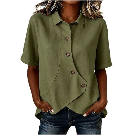 KyCheLot Womens Summer Tops Short Sleeve Lapel Neck Solid Color Blouses Fashion Asymmetrical Button Clothes