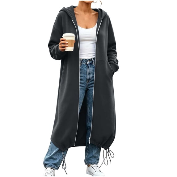 KyCheLot Womens Sweatshirt Zip up Long Sleeve Solid Color Hoodies Loose Trendy Maxi Length Coats with Pockets