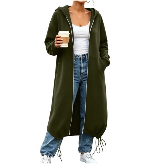 KyCheLot Womens Sweatshirt Zip up Long Sleeve Solid Color Hoodies Loose Trendy Maxi Length Coats with Pockets