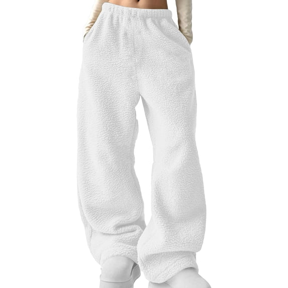 KyCheLot Womens Warm Casual Pants Comfy Fleece Solid Color Elastic Waist Wide Leg Pants Plus Size with Pockets