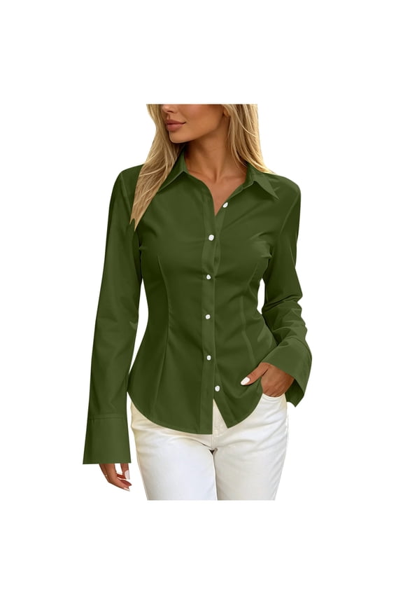 Womens Work Blouses Dress Shirt Button Down Fitted Long Sleeve Lapel Collar Business Office Tops