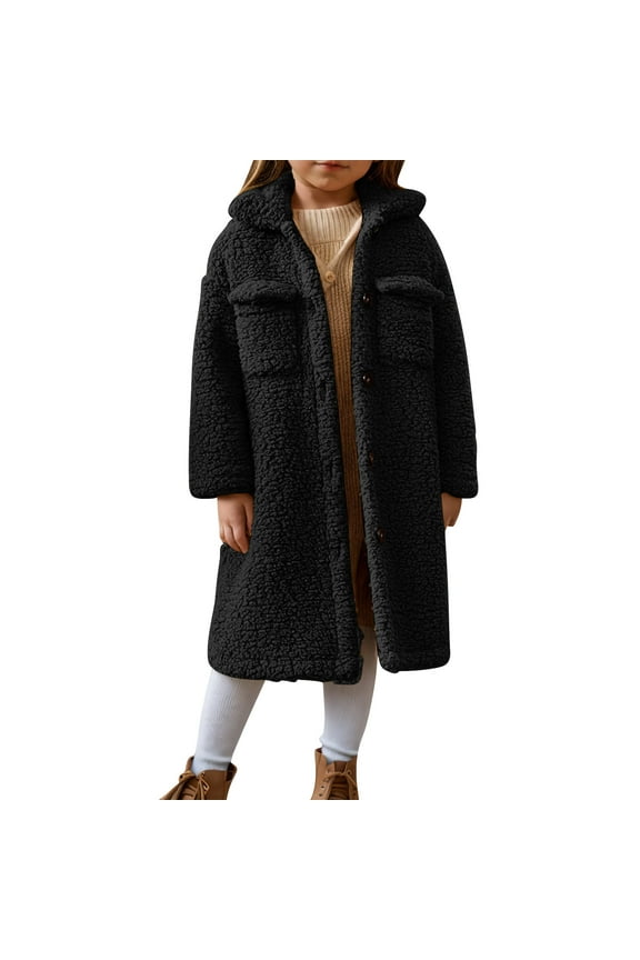 girls fleece coat soft warm basic Long Sleeve Button up lapel schoolwear winter long jackets 3-12 Years