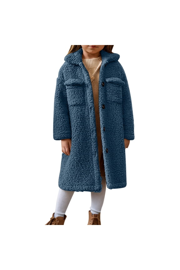 girls fleece coat soft warm basic Long Sleeve Button up lapel schoolwear winter long jackets 3-12 Years