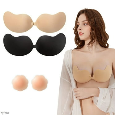 KyFree 2 Pack Adhesive Bra Backless Strapless Invisible Bra with Silicone Nipple Covers for Women