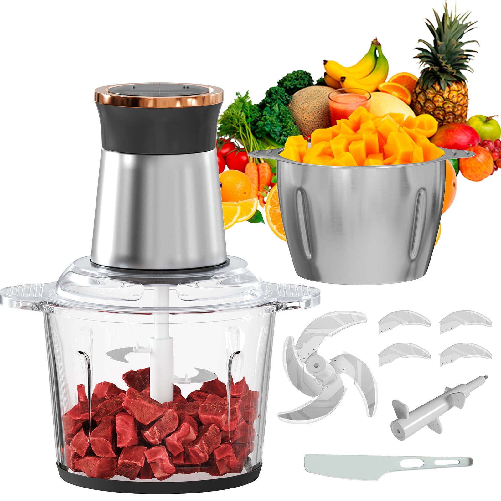 KyFree Food Processors with 2 Bowls, Meat Grinder 4 Bi-Level Blades ...