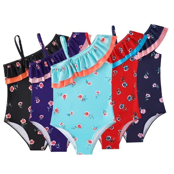 WOLLED 5-12 Years Girls One Piece Swimsuits Hawaiian Ruffle Swimwear Kids Summer Beach Bathing Suit One Shoulder Ruffle Swimwear Bikini