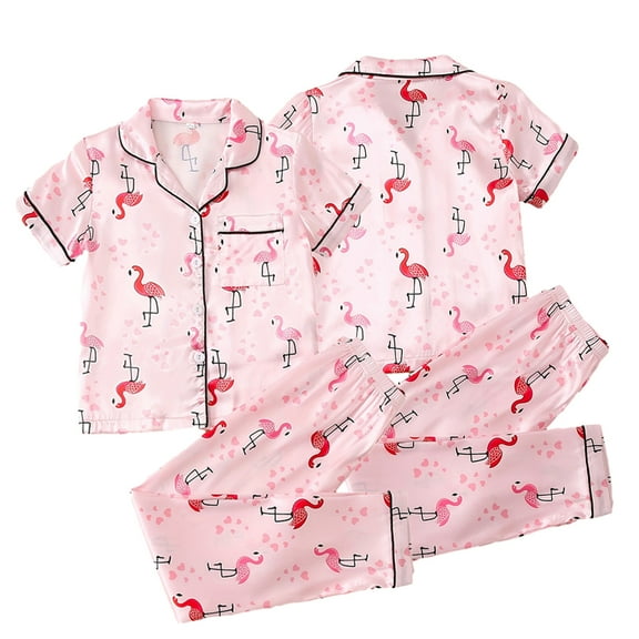 Kyaiguo 8-12T Kids Girls Silk Pajama Pj Set Girls Button Short Sleeve +Pants Pajama Sleepwear Summer Nightwear Loungewear Clothes Set