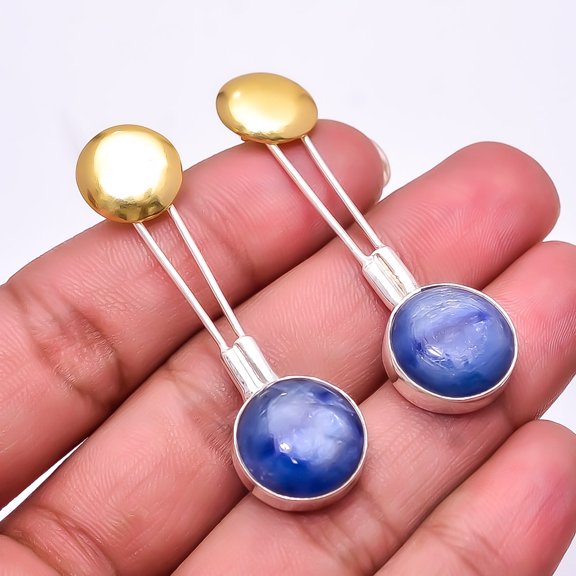 Kyanite - Nepal 925 Sterling Silver Two Tone Earring 1.95" E41