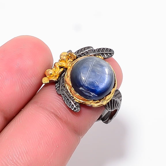 Kyanite - Nepal Black And Gold Plated 925 Sterling Silver Ring S.8 R87330, Christmas Gift