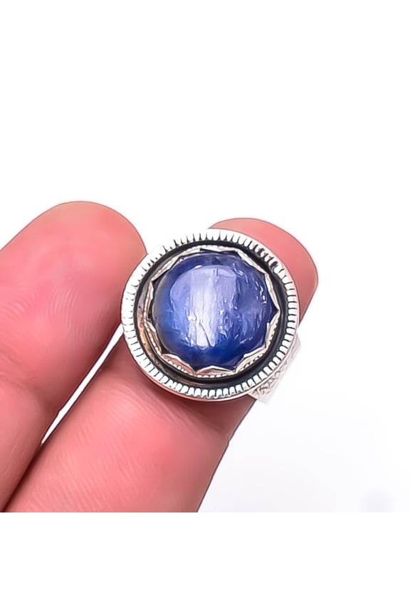 Kyanite -Nepal Designer Handmade Oxidised 925 Silver Plated Ring s.6, Blue Kyanite Ring R_9447_218_45