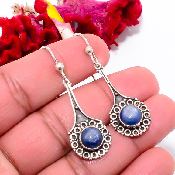 Kyanite - Nepal Oxidised 925 Sterling Silver Handmade Earring 1.95" Sku48, Handmade Jewelry, Dangle Earring
