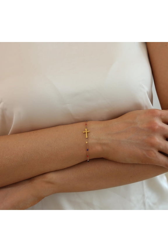 Dainty Beaded Cross Bracelet for Women 18K Gold Plated Christian Crucifix Rosary Cross Bracelets Minimalist Faith Jewelry Christmas Gifts