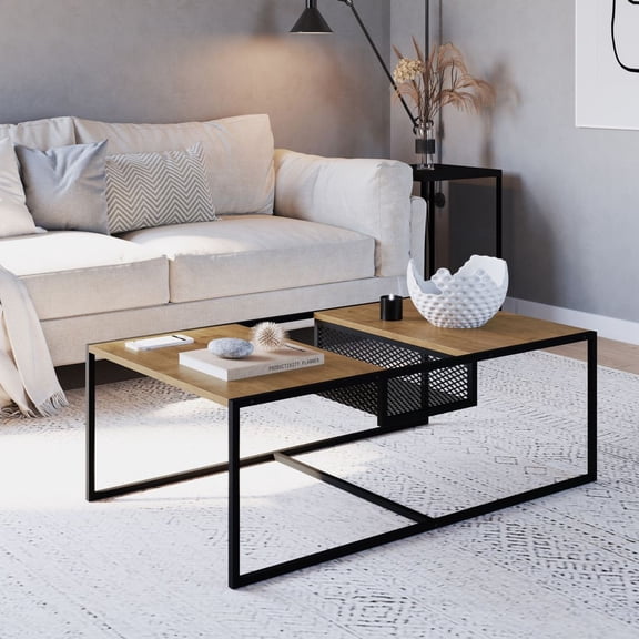 Kybele Coffee Table with Brown Finish and Iron Mesh Middle Shelf, 39.4" Rectangular