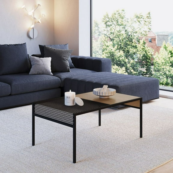 Kybele Coffee Table with Brown and Black Iron Mesh Accent, Adjustable Metal Legs, 31.5" Wide