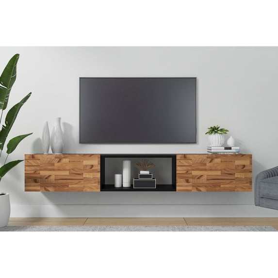 Kybele LLC Hilly Wall - Mounted Modern Floating 71" TV Stand Wooden Black-Teak Walnut Glossy