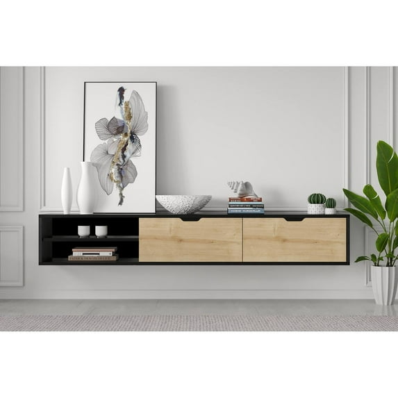 Kybele LLC Rigaa 71" Wall Mounted Floating Entertainment Media Console - 80 inches Wooden Black Oak