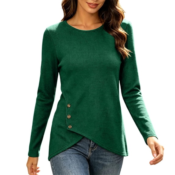 Kychelot Plus Size Tops for Women Long Sleeve Crew Neck Side Button Knitted Tops Fitted Trendy Tunic Tops