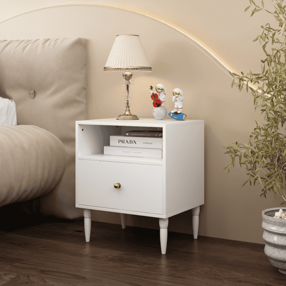 Kydyn Modern Nightstand with Drawer and Open Shelf, Bedside Table with Knob, Solid Wood Legs, Small End Table for Bedroom, Living Room, White