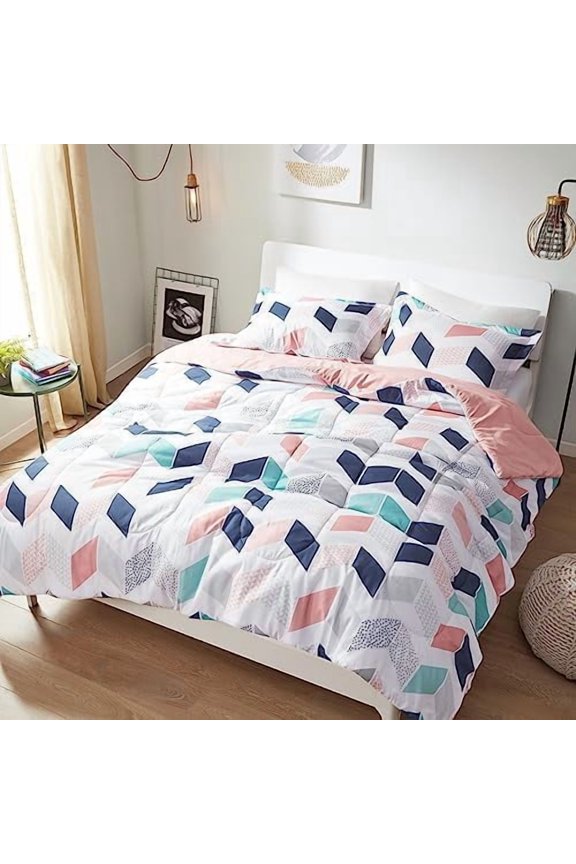 Kylar Cozy Comforter Set, Vibrant Chevron Ruching Design with Solid Reverse, All Season Down Alternative Bedding with Matching Sham, Full/Queen (88 in x 92 in), Multi/Blush 3 Piece