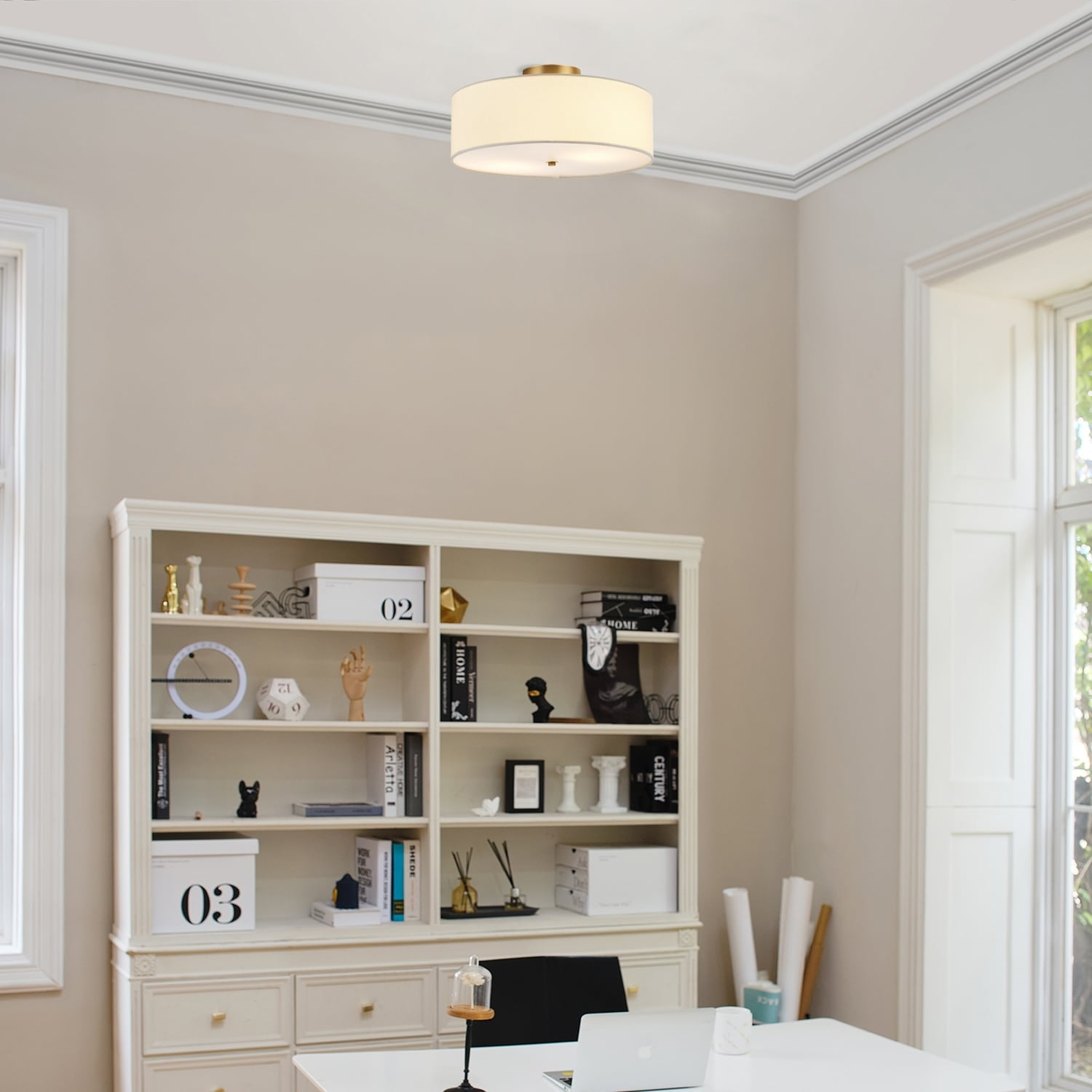 Matte Brass and White Linen Drum Flush Mount Ceiling Light
