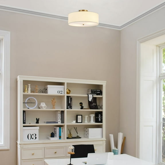 Globe Electric Kyle 2-Light Matte Brass Indoor Flush Mount Ceiling Light with White Linen Shade