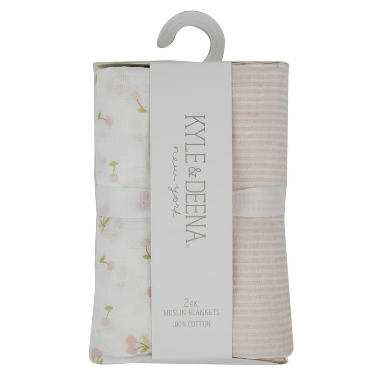 Kyle Deena Baby Muslin Blanket Set for Girl 36x40 Large Baby Blanket 2pc Combo Soft Striped and Cherry Blossom Pink