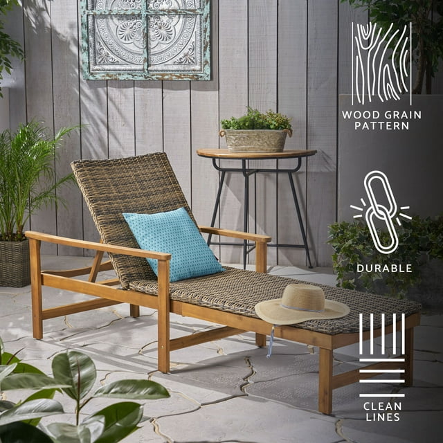 Kyle Outdoor Rustic Acacia Wood Chaise Lounge with Wicker Seating, Natural and Gray