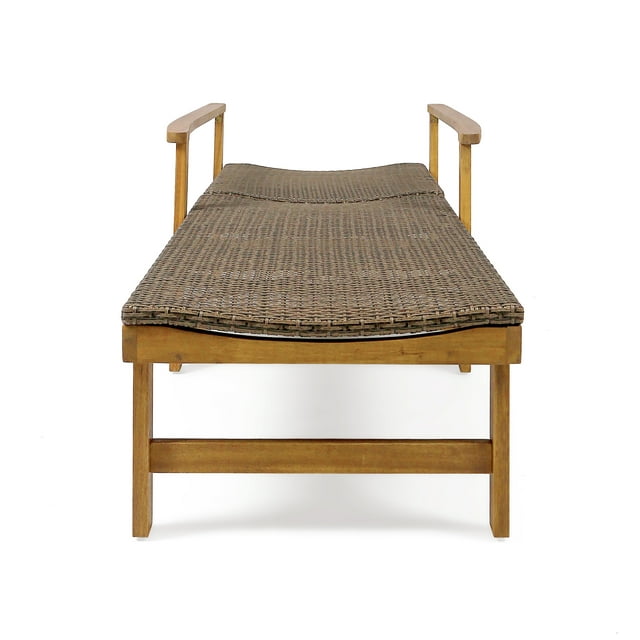 Kyle Outdoor Rustic Natural Acacia Wood Chaise Lounge with Wicker Seat, Natural Brown and Mixed Mocha