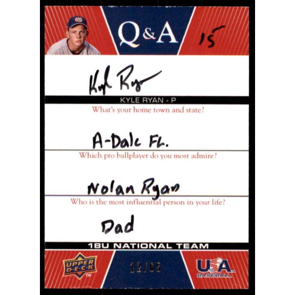 Kyle Ryan Rookie 2009-10 USA Baseball 18U National Team Q And A Autographs #KR
