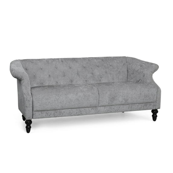 Benjara Kyle Sofa, 75 Inch, Classic Turned Wood Legs, Button Tufted Light Gray