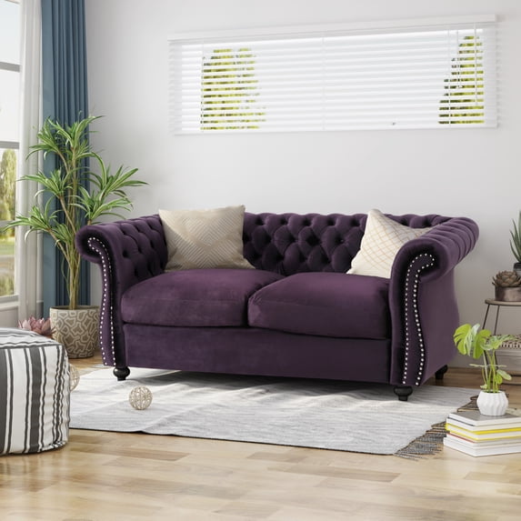 Kyle Traditional Chesterfield Loveseat Sofa, Blackberry and Dark Brown