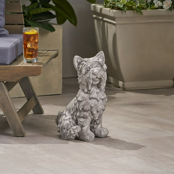 Kylen Outdoor Stone Terrier Dog Garden Statue, Antique Gray