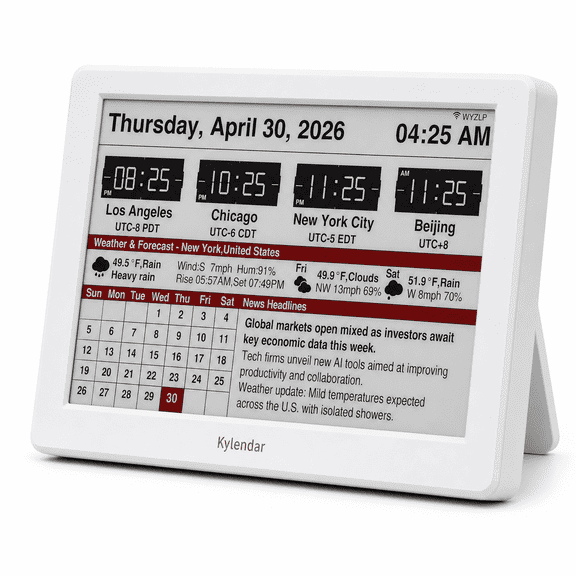 Kylendar 7" Digital Calendar White E Ink Desk Calendar with Weather News and World Clock