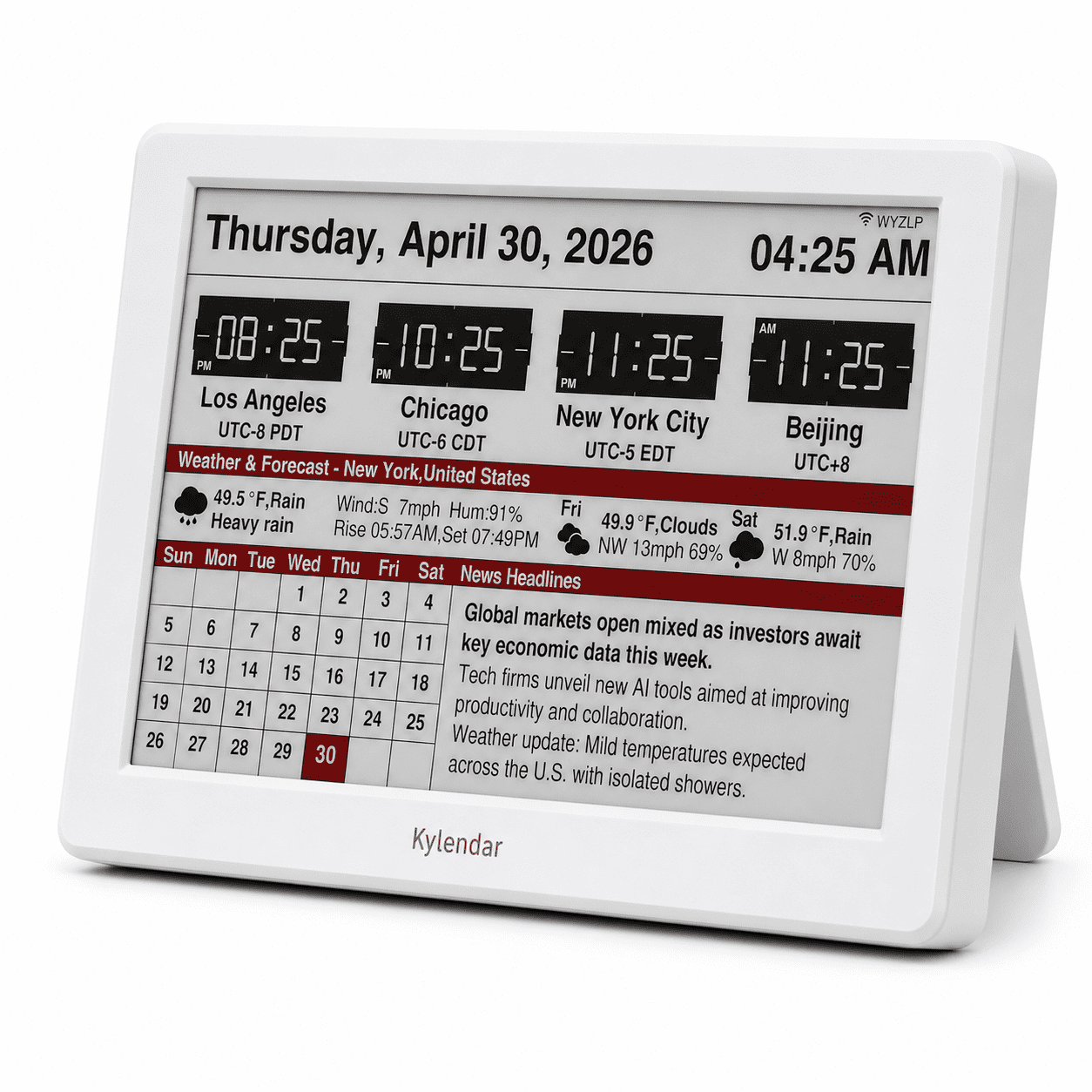 Kylendar 7" E-Ink Minimalist Calendar with Weather Clock, White