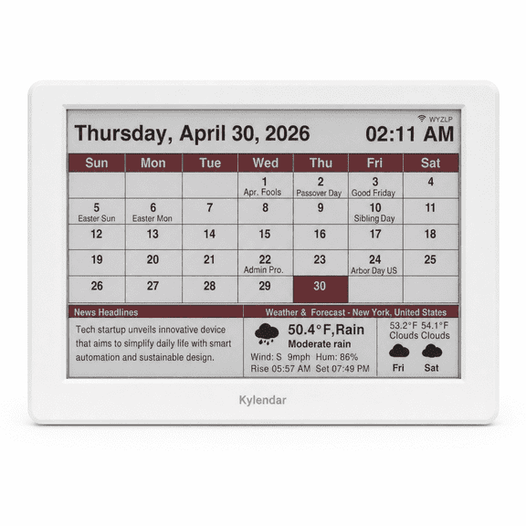 Kylendar 7" E-Ink Minimalist Desk Calendar with Weather Clock, White