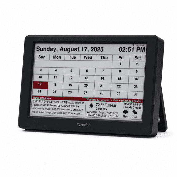Kylendar 7" E-Ink Desk Calendar with Weather, News and World Clock, Black