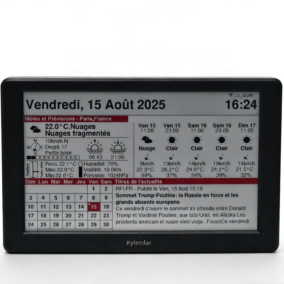 Kylendar 7" E-Ink Digital Desk Calendar with Weather and World Clock, Black