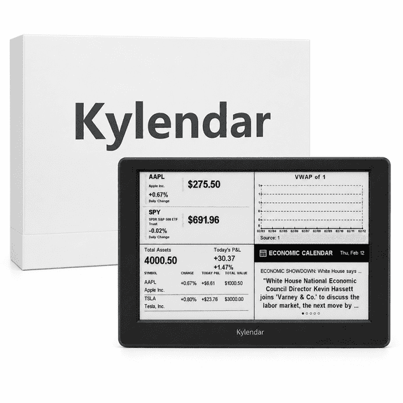 Kylendar V2 7" E-Ink Market Dashboard, Smart Calendar Display with Finance Widgets, Black