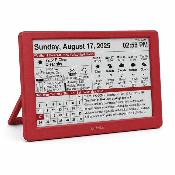 Kylendar 7" E-Paper Electronic Calendar, Rechargeable Wifi Digital Desk Calendar with Weather, News and World Clock, Red