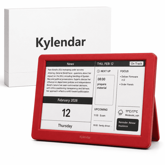 Kylendar V2 7" E-Ink Study Calendar, Smart Schedule Display with Class Planner, Red