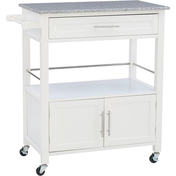 Kyler White Granite Topped Kitchen Cart with Lockable Casters and Hidden Storage Spaces