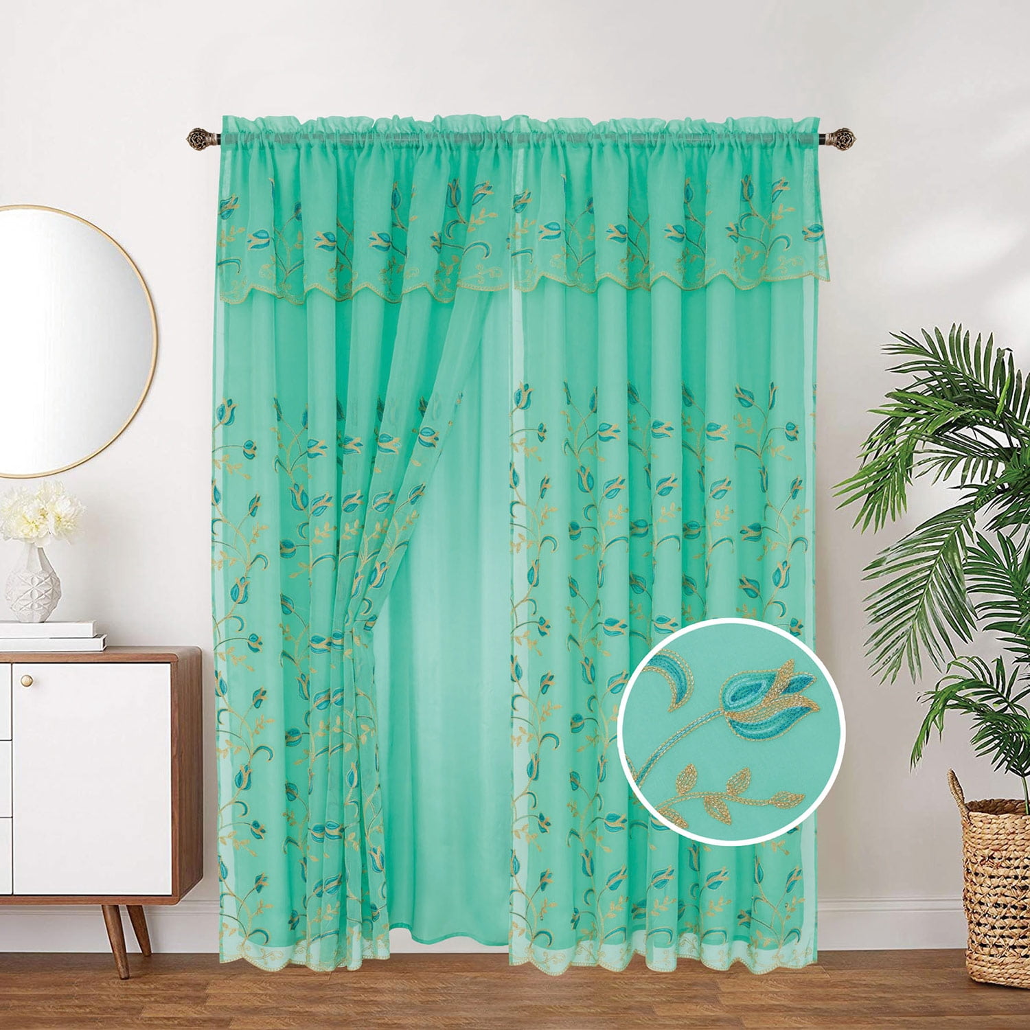 Kylie Embroidered Rod Pocket Window Panel with Attached Valance and ...