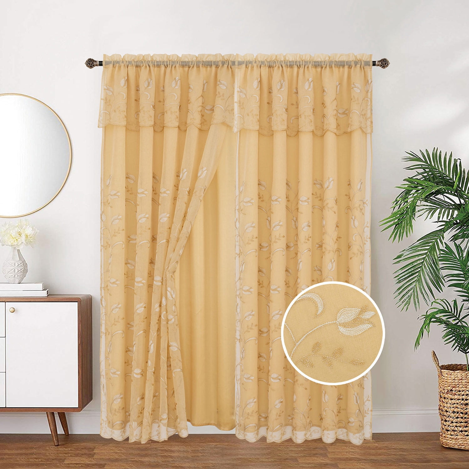 Kylie Embroidered Rod Pocket Window Panel with Attached Valance and ...