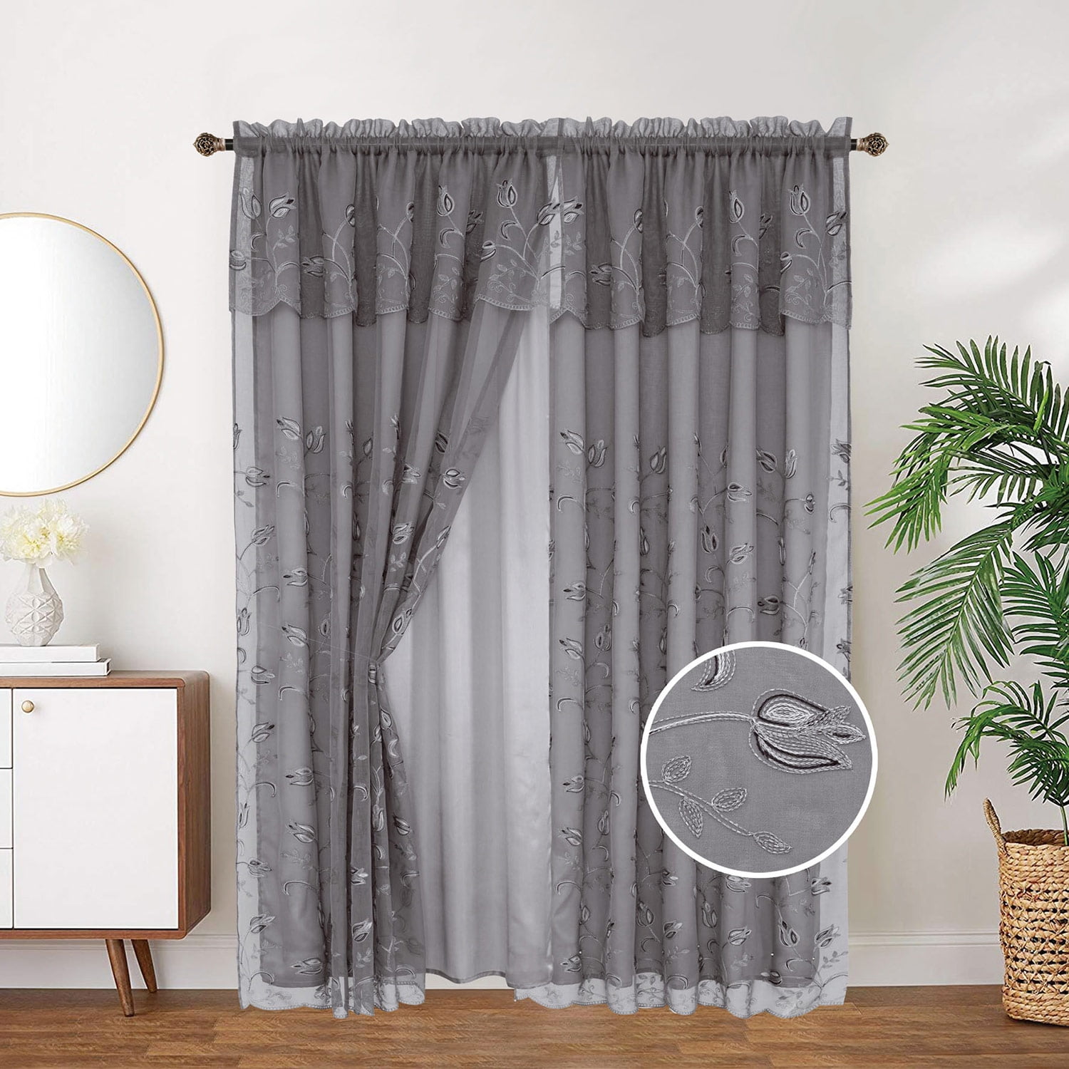 Kylie Embroidered Rod Pocket Window Panel with Attached Valance and ...