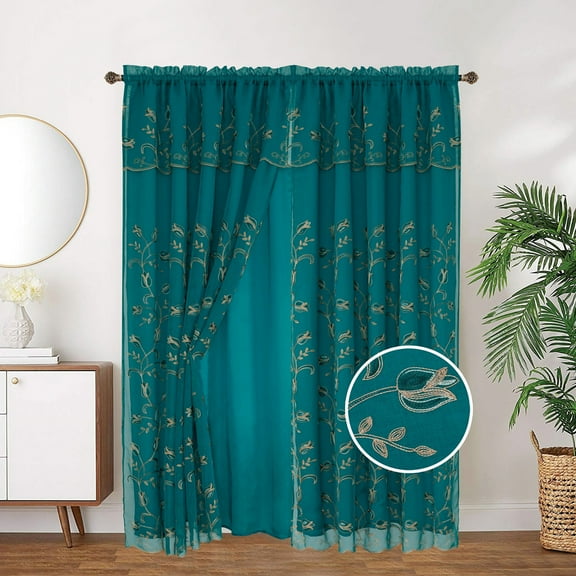 Kylie Embroidered Rod Pocket Window Panel with Attached Valance and Backing, Teal, 54x90 Inches