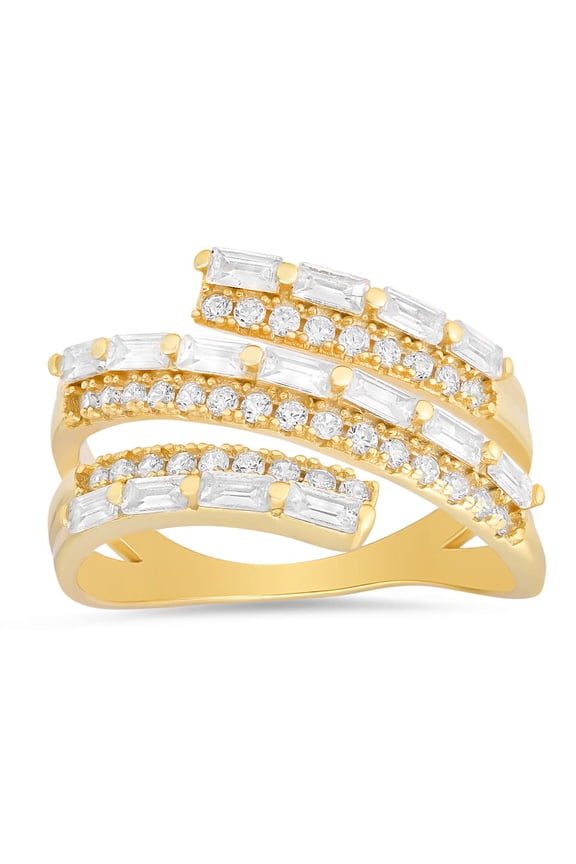 14K Gold Over Silver CZ Baguette-cut Sprial Crossover Ring