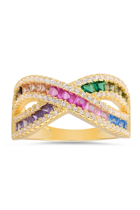 14K Gold Over Silver Princess-cut Multi-color Crossover Highway Ring