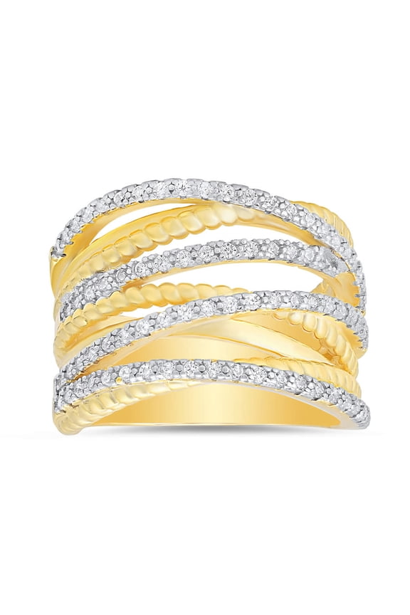 14K Gold Over Silver Twisted Rope CZ Highway Statement Ring