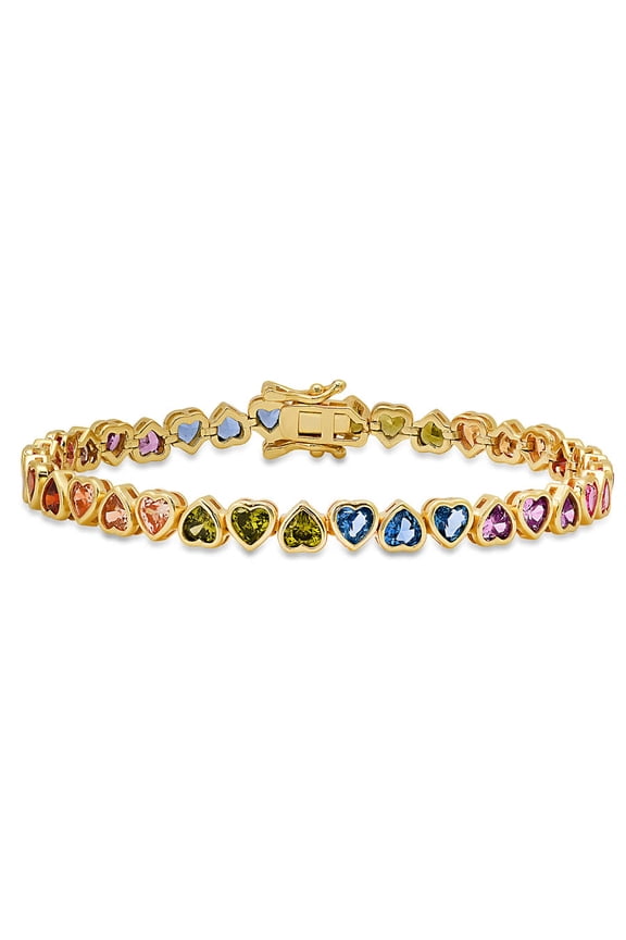 14k Gold Over Silver Bezel-set Multi Color Heart CZ Tennis Bracelet
