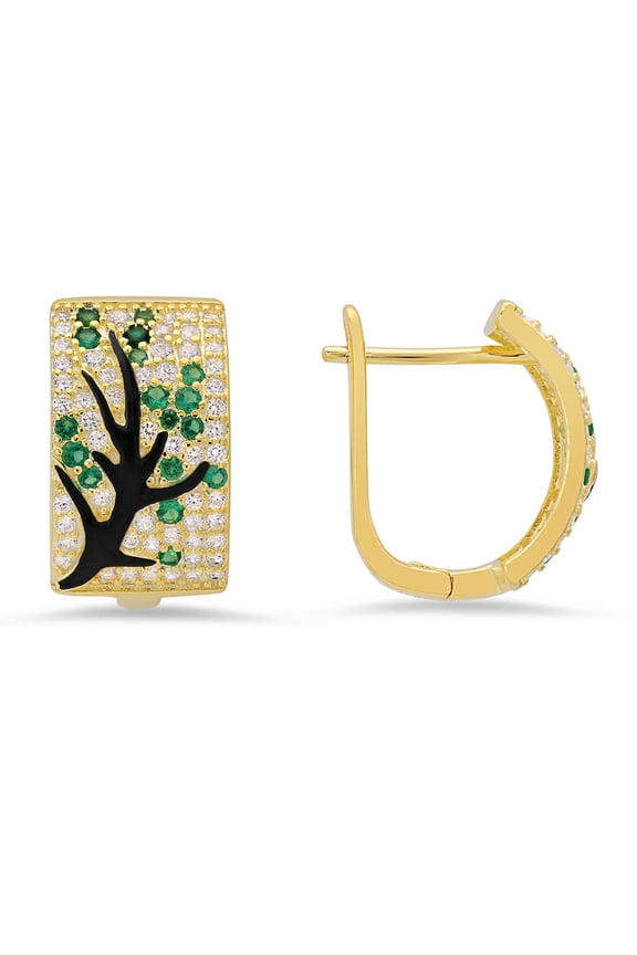 14k Gold Over Silver Tree Of Life Statement CZ Hoop Earrings